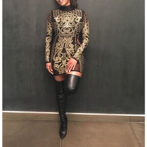 Fashion Nova Elegant Black and Gold Embellished Dress